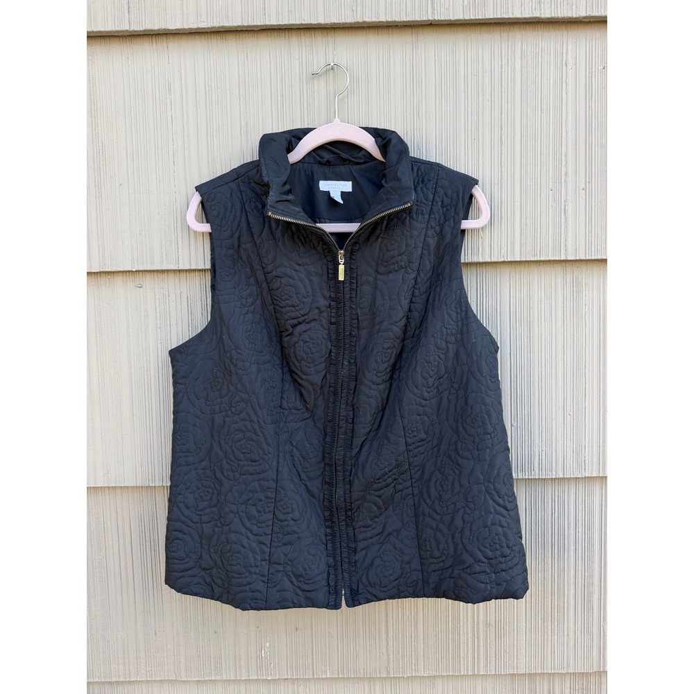 Charter Club Woman Black Rose Floral Quilted Zip Up Vest Plus Size 1X